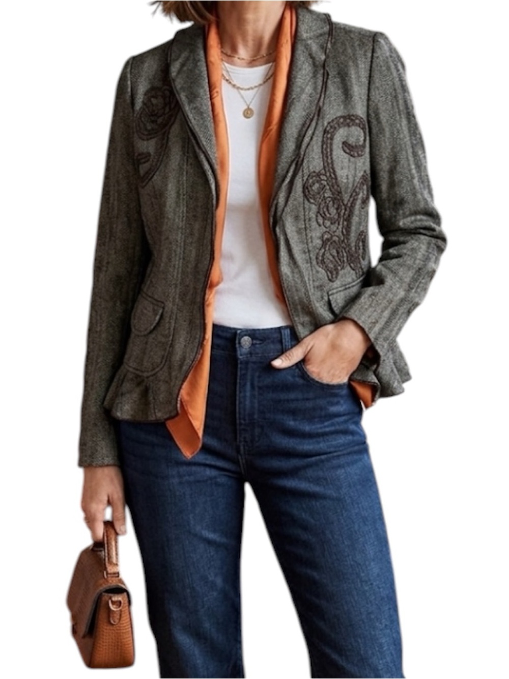 Coldwater Creek Brown Floral Wool Acrylic Blend Boho Casual Blazer Jacket Sz 10
